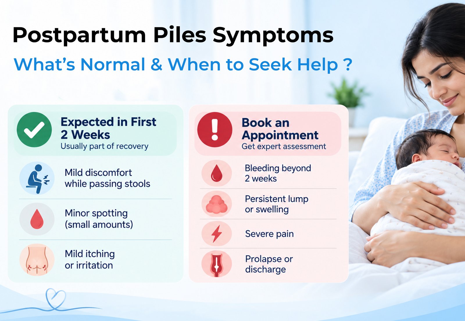 Normal postpartum piles symptoms versus symptoms needing assessment